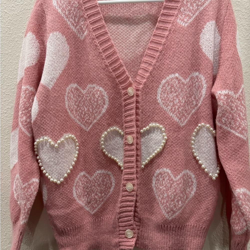 Excellent Condition Pink Heart Patterned Women's Sweater
